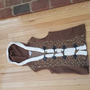 Womens Sweater Vest M Ponsesa Hooded Y2K Boho Penny Lane Faux Fur Trim Retro